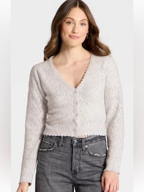 Universal Thread Light Gray Lace-Knit V-Neck Button Cardigan (Size S) NWT